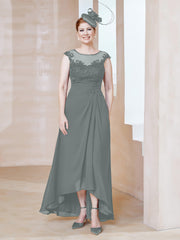 Robe en Mousseline à Encolure Illusion avec Dentelle Gris Acier Grande Taille