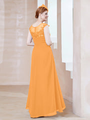 Robe en Mousseline à Encolure Illusion avec Dentelle Mandarine