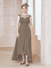Robe en Mousseline à Encolure Illusion avec Dentelle Taupe