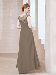 Robe en Mousseline à Encolure Illusion avec Dentelle Taupe