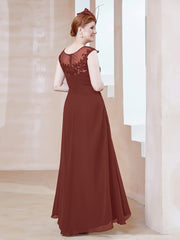 Robe en Mousseline à Encolure Illusion avec Dentelle Terracotta