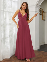 Robe Sexy Maxi Découpée en Mousseline à Volants Et Bretelles Spaghetti Cannelle Rose Grande Taille