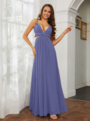 Robe Sexy Maxi Découpée en Mousseline à Volants Et Bretelles Spaghetti Pervenche Grande Taille