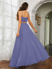 Robe Sexy Maxi Découpée en Mousseline à Volants Et Bretelles Spaghetti Pervenche Grande Taille