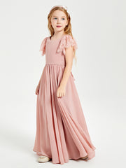 Robes de Demoiselle d'Honneur Junior avec Manches Flottantes en Dentelle Rose Poudré