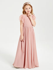 Robes de Demoiselle d'Honneur Junior avec Manches Flottantes en Dentelle Rose Poudré
