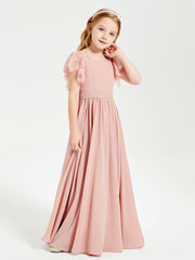 Robes de Demoiselle d'Honneur Junior avec Manches Flottantes en Dentelle Rose Poudré
