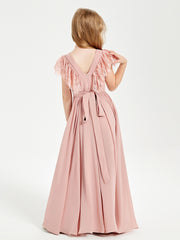 Robes de Demoiselle d'Honneur Junior avec Manches Flottantes en Dentelle Rose Poudré
