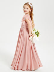 Robes de Demoiselle d'Honneur Junior avec Manches Flottantes en Dentelle Rose Poudré