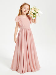 Robes de Demoiselle d'Honneur Junior avec Manches Flottantes en Dentelle Rose Poudré