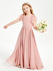 Robes de Demoiselle d'Honneur Junior avec Manches Flottantes en Dentelle Rose Poudré