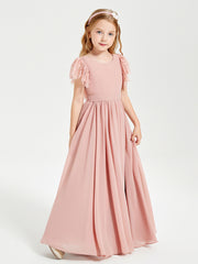 Robes de Demoiselle d'Honneur Junior avec Manches Flottantes en Dentelle Rose Poudré