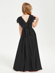 Robes de Demoiselle d'Honneur Junior avec Manches Flottantes en Dentelle Noir