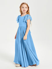 Robes de Demoiselle d'Honneur Junior avec Manches Flottantes en Dentelle Bleu