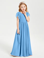 Robes de Demoiselle d'Honneur Junior avec Manches Flottantes en Dentelle Bleu
