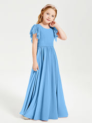 Robes de Demoiselle d'Honneur Junior avec Manches Flottantes en Dentelle Bleu