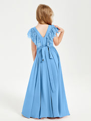 Robes de Demoiselle d'Honneur Junior avec Manches Flottantes en Dentelle Bleu