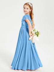 Robes de Demoiselle d'Honneur Junior avec Manches Flottantes en Dentelle Bleu