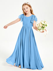 Robes de Demoiselle d'Honneur Junior avec Manches Flottantes en Dentelle Bleu