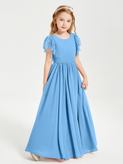 Robes de Demoiselle d'Honneur Junior avec Manches Flottantes en Dentelle Bleu