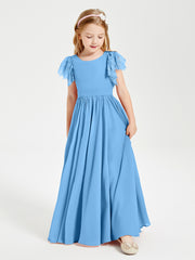 Robes de Demoiselle d'Honneur Junior avec Manches Flottantes en Dentelle Bleu