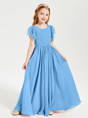 Robes de Demoiselle d'Honneur Junior avec Manches Flottantes en Dentelle Bleu