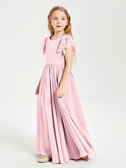 Robes de Demoiselle d'Honneur Junior avec Manches Flottantes en Dentelle Rose Pâle