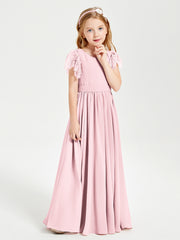 Robes de Demoiselle d'Honneur Junior avec Manches Flottantes en Dentelle Rose Pâle