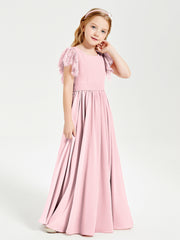 Robes de Demoiselle d'Honneur Junior avec Manches Flottantes en Dentelle Rose Pâle