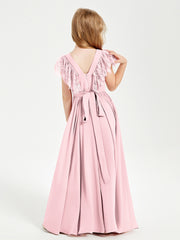 Robes de Demoiselle d'Honneur Junior avec Manches Flottantes en Dentelle Rose Pâle