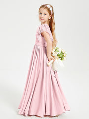 Robes de Demoiselle d'Honneur Junior avec Manches Flottantes en Dentelle Rose Pâle