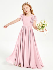 Robes de Demoiselle d'Honneur Junior avec Manches Flottantes en Dentelle Rose Pâle