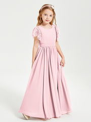Robes de Demoiselle d'Honneur Junior avec Manches Flottantes en Dentelle Rose Pâle