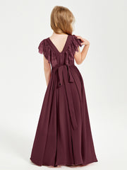 Robes de Demoiselle d'Honneur Junior avec Manches Flottantes en Dentelle Cabernet
