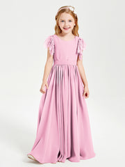 Robes de Demoiselle d'Honneur Junior avec Manches Flottantes en Dentelle Rose Bonbon