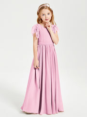 Robes de Demoiselle d'Honneur Junior avec Manches Flottantes en Dentelle Rose Bonbon