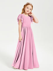 Robes de Demoiselle d'Honneur Junior avec Manches Flottantes en Dentelle Rose Bonbon