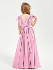 Robes de Demoiselle d'Honneur Junior avec Manches Flottantes en Dentelle Rose Bonbon