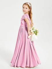 Robes de Demoiselle d'Honneur Junior avec Manches Flottantes en Dentelle Rose Bonbon