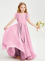 Robes de Demoiselle d'Honneur Junior avec Manches Flottantes en Dentelle Rose Bonbon