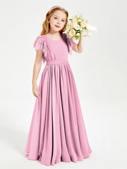 Robes de Demoiselle d'Honneur Junior avec Manches Flottantes en Dentelle Rose Bonbon