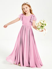 Robes de Demoiselle d'Honneur Junior avec Manches Flottantes en Dentelle Rose Bonbon