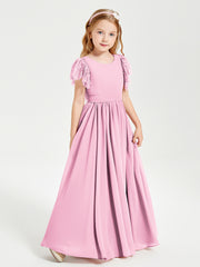 Robes de Demoiselle d'Honneur Junior avec Manches Flottantes en Dentelle Rose Bonbon