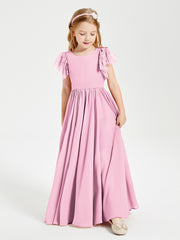Robes de Demoiselle d'Honneur Junior avec Manches Flottantes en Dentelle Rose Bonbon