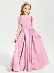 Robes de Demoiselle d'Honneur Junior avec Manches Flottantes en Dentelle Rose Bonbon