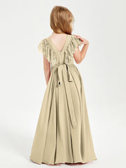 Robes de Demoiselle d'Honneur Junior avec Manches Flottantes en Dentelle Champagne