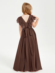 Robes de Demoiselle d'Honneur Junior avec Manches Flottantes en Dentelle Chocolat