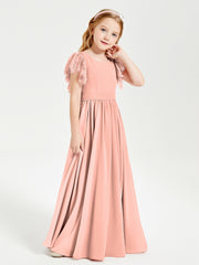 Robes de Demoiselle d'Honneur Junior avec Manches Flottantes en Dentelle Corail