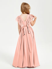Robes de Demoiselle d'Honneur Junior avec Manches Flottantes en Dentelle Corail