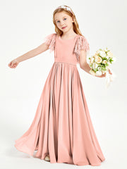 Robes de Demoiselle d'Honneur Junior avec Manches Flottantes en Dentelle Corail